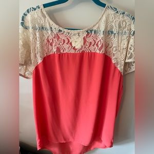 Anthropologie Maeve brand coral blouse with cream lace.